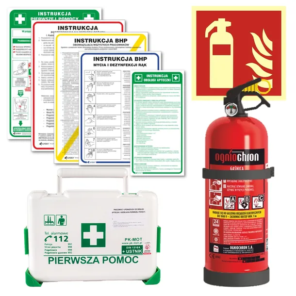 ZESTAW MAŁY DO FIRM: INSTRUKCJE BHP, APTECZKA BD, GAŚNICA 2KG, ZNAK GAŚNICA