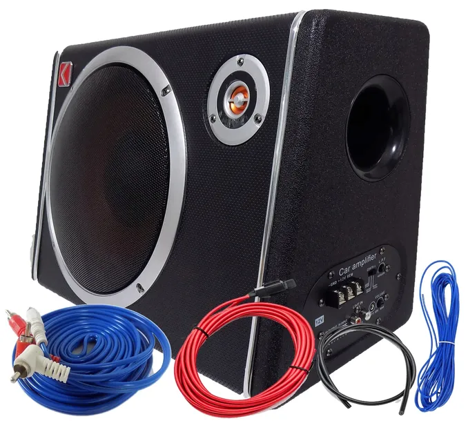MAŁA I MOCNA SKRZYNIA TUBA BASOWA SUBWOOFER 800W AKTYWNY WZMACNIACZ + KABLE