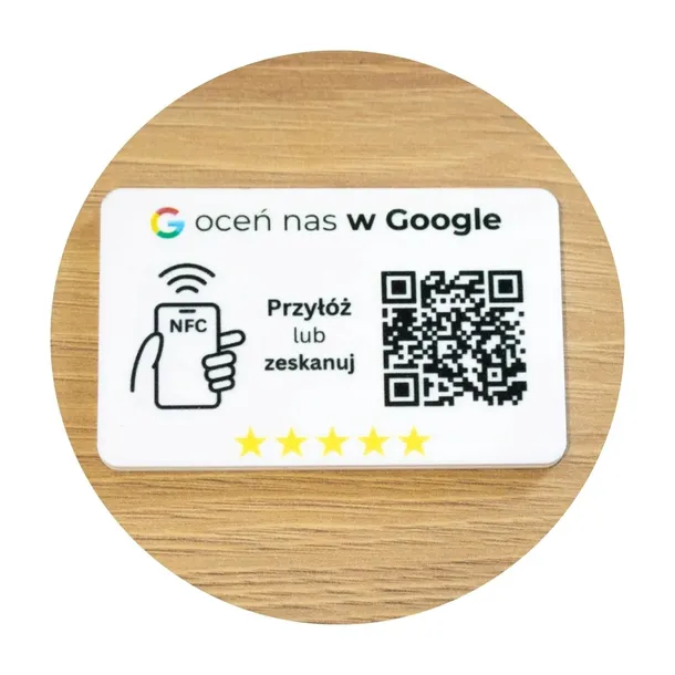 KARTA Z CHIPEM NFC GOOGLE OPINIE DO WYSTAWIANIA OPINII TABLICZKA KOD QR