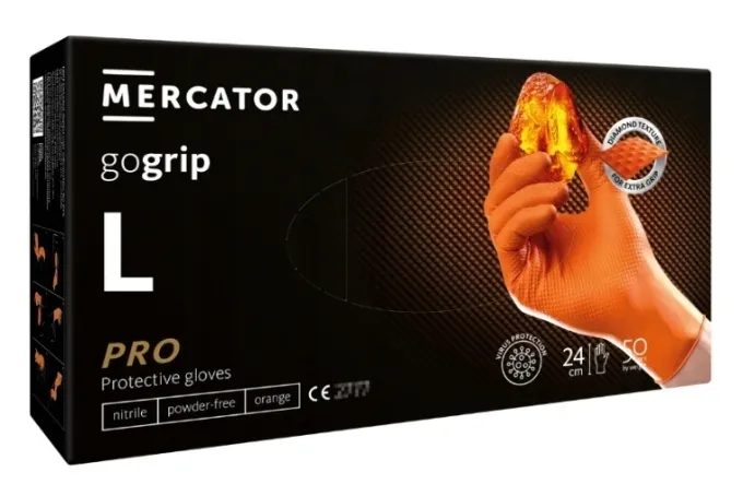 Rękawice Rękawiczki NITRYLOWE Grube GOGRIP POMARAŃ. 8,5G MERCATOR 50szt ”L”