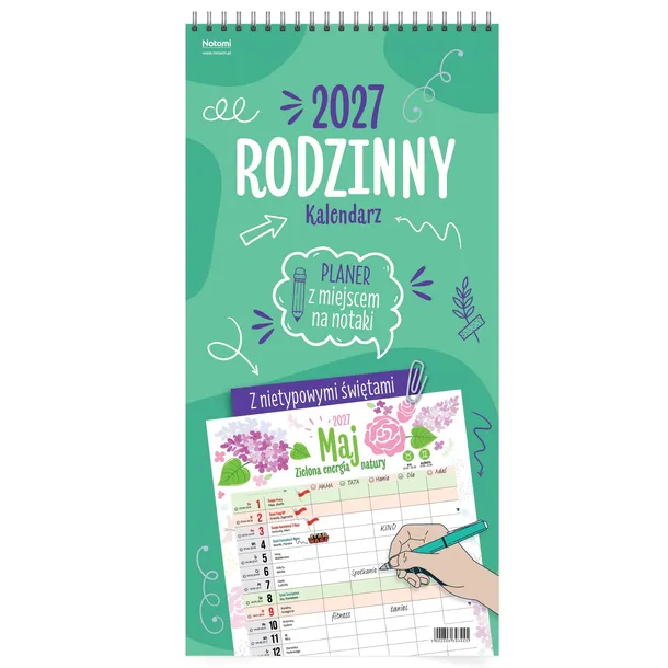 KALENDARZ RODZINNY 2027 Do Notowania ŚCIENNY 5 KOLUMN Na Spirali Zielony