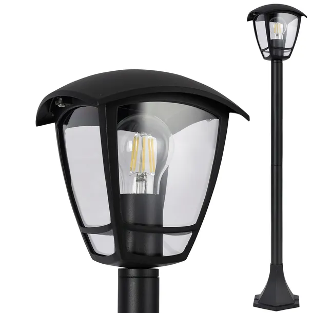 Ozdobna czarna lampa ogrodowa stojąca, w formie latarni-słupka, kompatybilna z żarówkami LED E27, o wysokości 100cm