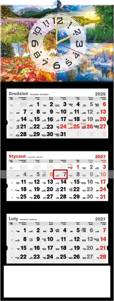 KALENDARZ TRÓJDZIELNY Z ZEGAREM ŚCIENNY PREMIUM 2027 ZAWIESZKA KRAJOBRAZY
