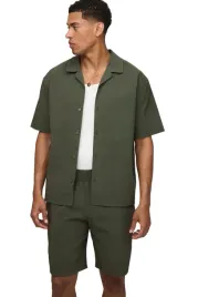 boohooman-meski-komplet-koszula-i-spodenki-khaki-bez-wzoru-m-z3a