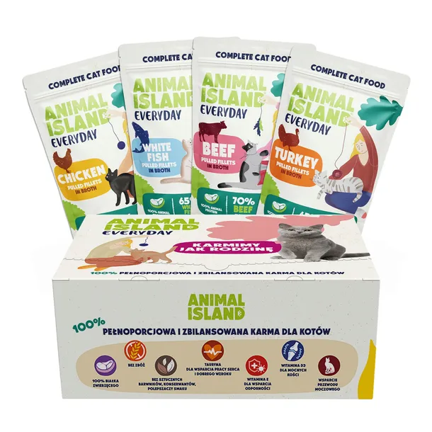 Mokra karma dla kota ANIMAL ISLAND wołowina/kurczak/indyk/ryba 80x85g
