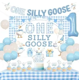 dekoracje-na-roczek-dla-chlopca-one-silly-goose-balony-baner-zestaw