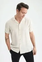 defacto-koszula-meska-casual-bezowa-krotki-rekaw-viscon-nylon-xl-5ha