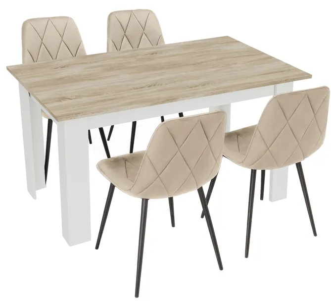 Stół 120x80 SONOMA/BIAŁY z 4 Krzesłami WELUR Do Kuchni Jadalni Salonu LOFT