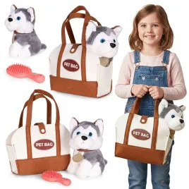 pluszowy-piesek-w-torebce-husky-maskotka-dla-dziecka-szczotka-do-pielegna