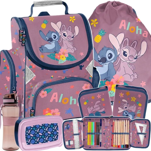 TORNISTER SZKOLNY STITCH DLA DZIEWCZYNEK KOMPLET 5 ele. STICH i LILO PASO