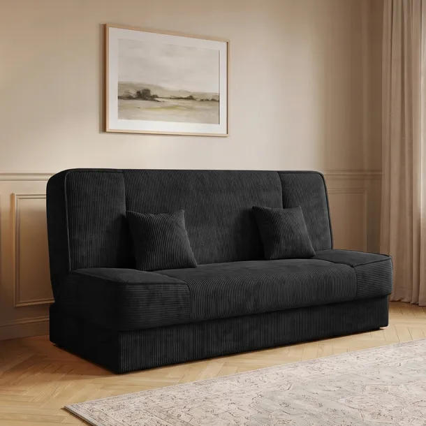 Czarna wersalka rozkładana do salonu MOLY sztruksowa z pojemnikiem sofa