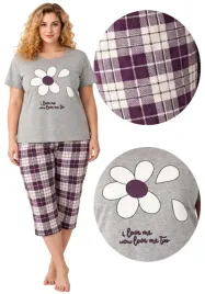 pizama-damska-szary-melanz-bialy-kwiat-spodnie-3-4-bawelna-4xl