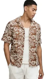 boohooman-meska-koszula-casual-brazowa-z-bialym-wzorem-krotki-rekaw-m-z3a
