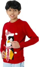 czerwony-sweter-dzieciecy-z-pingwinem-i-ozdobnymi-pomponami-122-128-7ca