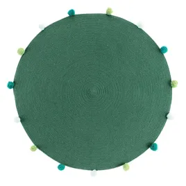 dywan-okragly-dla-dzieci-zielony-z-pomponami-90-cm