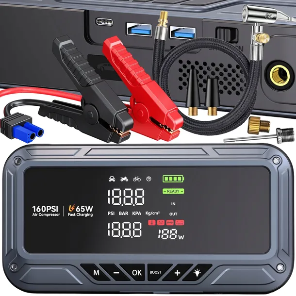 BOOSTER JUMP STARTER ROZRUCH 12V POWERBANK KOMPRESOR SAMOCHODOWY POMPKA 4W1