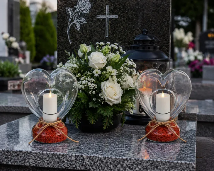 ZNICZE SZKLANE SERCE LED 2 SZT NA GRÓB CMENTARZ POMARAŃCZOWE PREMIUM