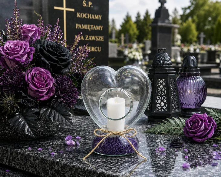 ZNICZ SERCE SZKLANY LED NA GRÓB PREMIUM FIOLETOWY 22 CM DEKORACYJNY