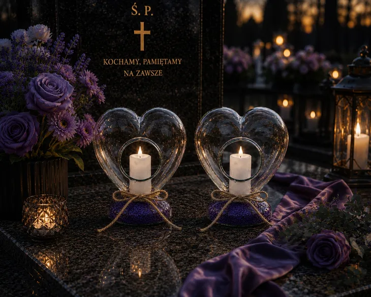 Eleganckie znicze szklane SERCE PREMIUM 2 szt. fioletowe kamyczki | LED
