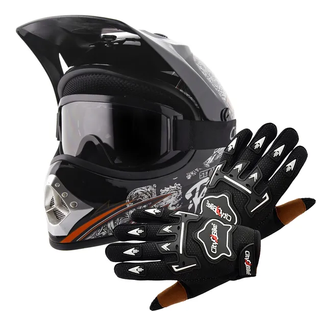 Kask Dziecięcy Cross+Gogle+Rękawice na Enduro BMX MTB Quad M 55-56cm Czarny
