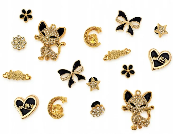 LIMITOWANA 16x Charms do Crocs Kotek Królik LOVE Złoto Czarne Prezent