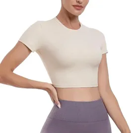 koszulka-crop-top-oddychajacy-nylon-krotki-rekaw-bezowy-s-yaavii