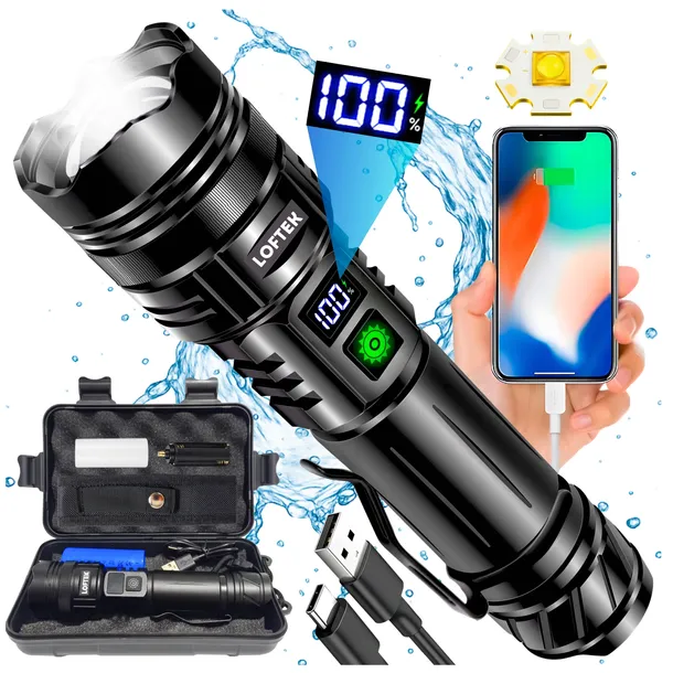 LATARKA LED 20000 LUMENÓW AKUMULATOROWA MOCNA SZPERACZ ZOOM USB WODOODPORNA