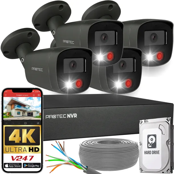 Zestaw do monitoringu 4 kamery 8Mpx 4K IP PoE zewnętrzne dysk HDD