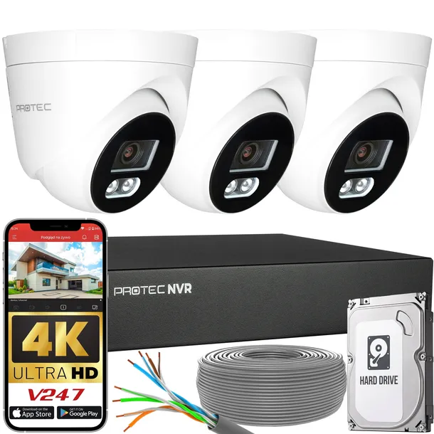 Zestaw Do Monitoringu 3 Kamery IP 8MP 4K POE Detekcja Ludzi HDD