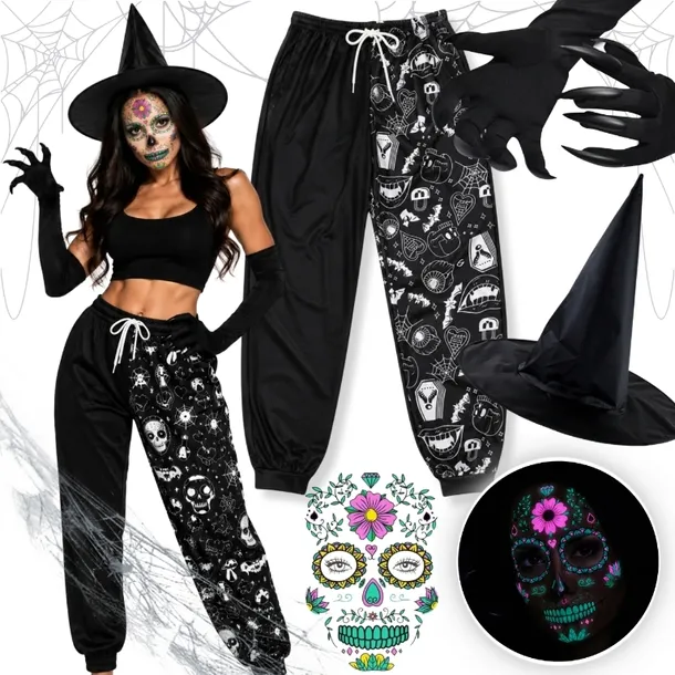 STRÓJ CZAROWNICY NA HALLOWEEN WIEDŹMA SPODNIE KAPELUSZ TATUAŻ PAZURY L/XL