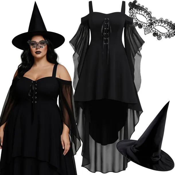 STRÓJ SUKIENKA CZAROWNICY WIEDŹMY PLUS SIZE KAPELUSZ NA HALLOWEEN 3XL 4XL