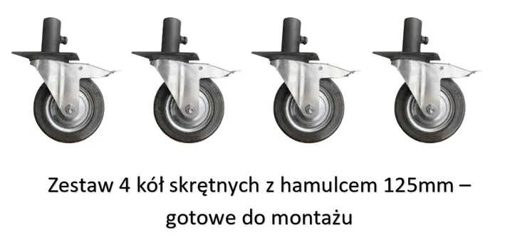 Zestaw 4x koła z hamulcem, gotowe do montażu do rusztowania 125 mm