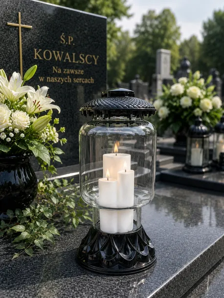 ZNICZ SZKLANY LED 3 PŁOMIENIE DUŻY 32 CM NA GRÓB LAMPION CZARNY PREMIUM