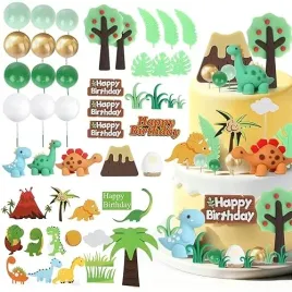 dekoracje-tortu-dinozaurami-3d-wulkanicznymi-drzewami-49-sztuk
