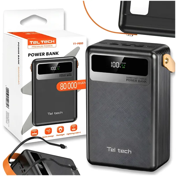 POWERBANK 80000 mAh TELTECH POWER BANK 5A 22,5W + KABEL TYP-C LIGHTNING