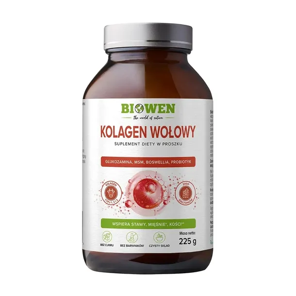 Biowen KOLAGEN WOŁOWY Typu I, II i III proszek 225g MOCNE Stawy KOŚCI Włosy
