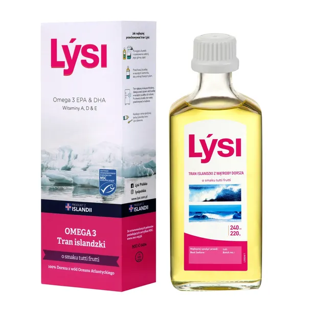 LYSI TRAN ISLANDZKI TUTTI FRUTTI 240 ml NATURALNE OMEGA-3 WITAMINY A D i E