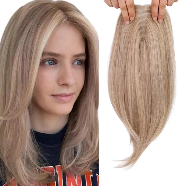 Peruka Tupet Włosy Naturalne 35 cm Proste MIODOWE JASNY BLOND QxV