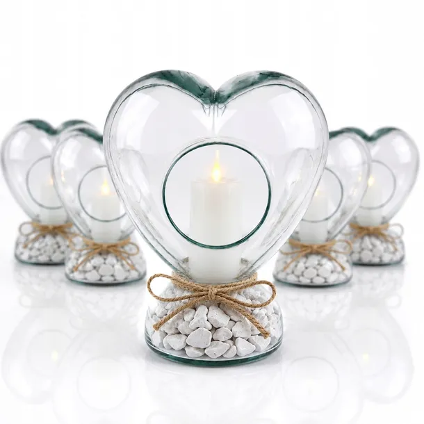 Znicz LED Serce Premium - szklany, białe kamyczki, elegancki | 22 cm