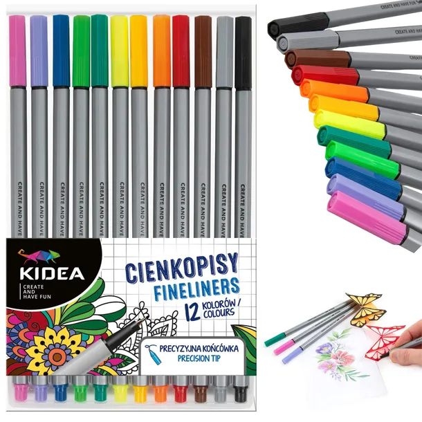 Cienkopisy kolorowe zestaw 12 kolorów KIDEA Etui zestaw cienkopisów