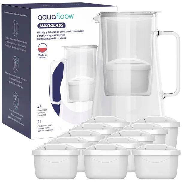 Dzbanek filtrujący szklany AquaFloow MaxiGlass 3l + 12x filtr Maxi