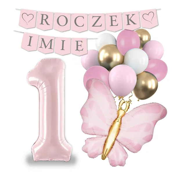 Balony Na Roczek Zestaw Dekoracji Motyl Z Imieniem Na Pierwsze Urodziny