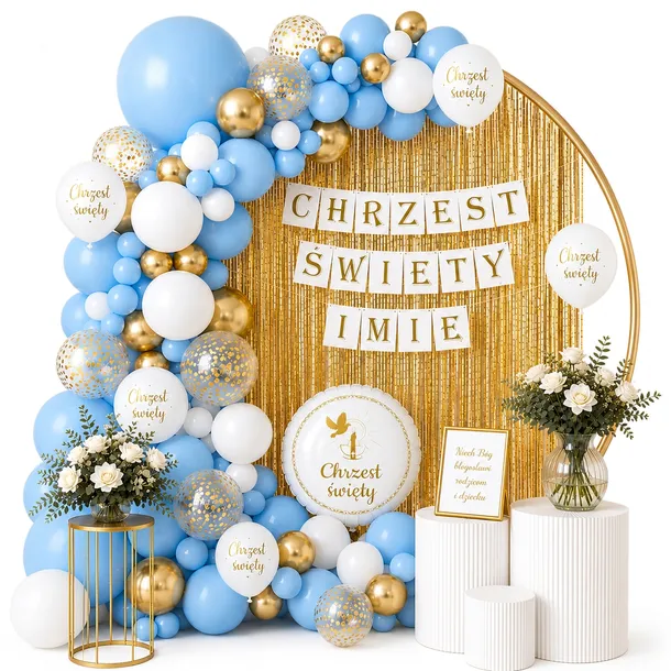 ZESTAW BALONY NA CHRZEST ŚWIĘTY GIRLANDA ŚCIANKA IMIĘ BANER PERSONALIZOWANY