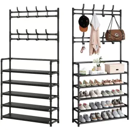 wieszak-loftowy-stojacy-czarny-4-polki-tekstylne-organizer-do-przedpokoju