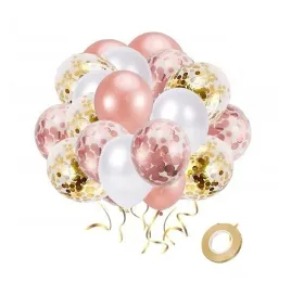 balony-rose-gold-zlote-biale-z-konfetti-wstazka