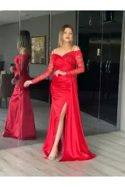 elegancka-czerwona-sukienka-satynowa-koronkowe-rekawy-rozciecie-40-5ia