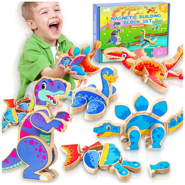 KLOCKI KONSTRUKCYJNE DREWNIANE MAGNETYCZNE 4 DINOZAURY T-REX DLA DZIECI