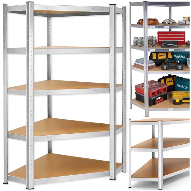 REGAŁ MAGAZYNOWY NAROŻNY METALOWY GARAŻOWY SREBRNY WCISKANY 180x90x90x40CM