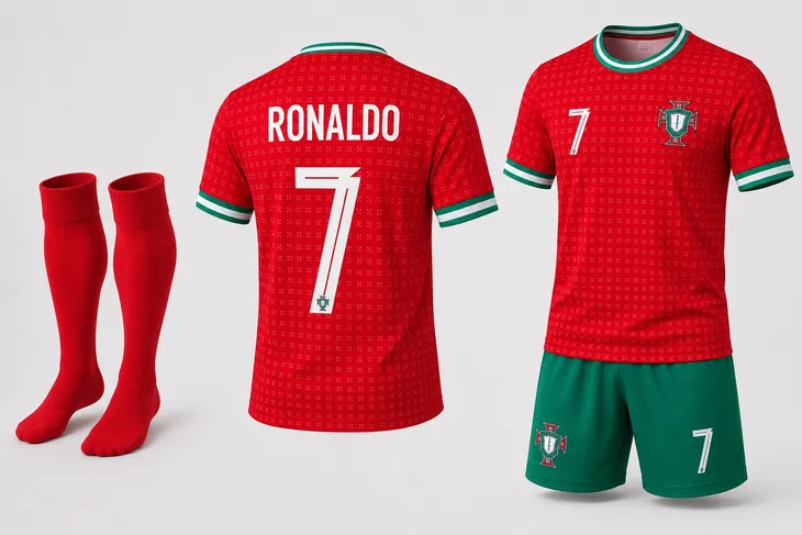 STRÓJ PIŁKARSKI - KOSZULKA SPODENKI GETRY - RONALDO PORTUGALIA rozm. 128 cm