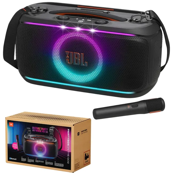 Głośnik imprezowy JBL PartyBox On-The-Go 2 Bluetooth 100W RMS z mikrofonem bezprzewodowym bateria do 15h pasek na ramię IPX4 czarny